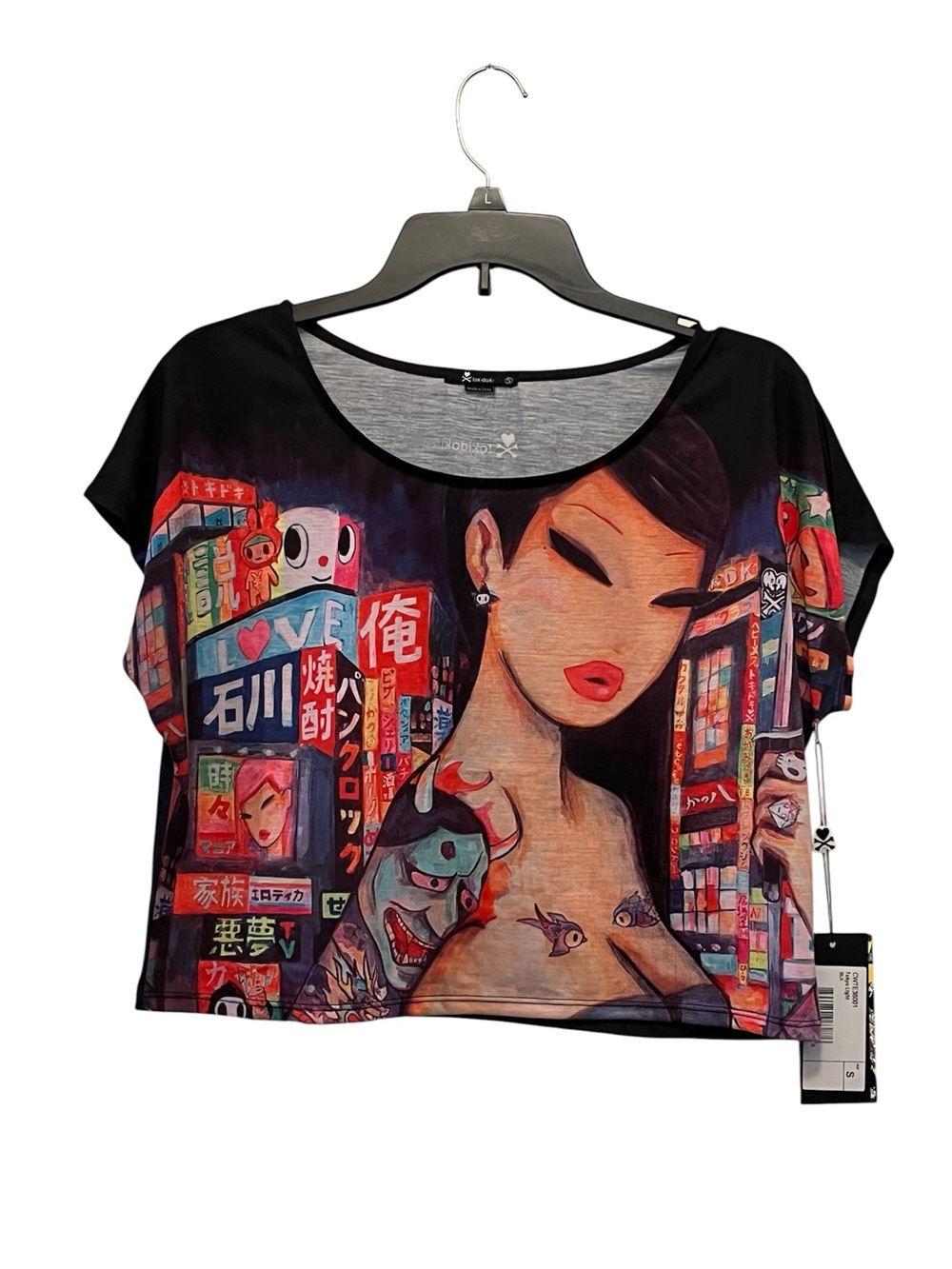 tokidoki Black Crop Top with Neon Geisha City Art Print Graphic Tee